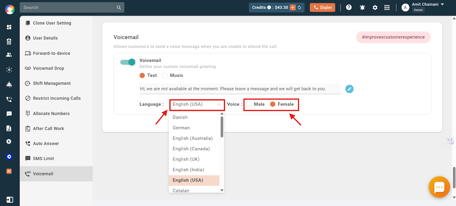 Language dropdown and voice selection for the user text greeting