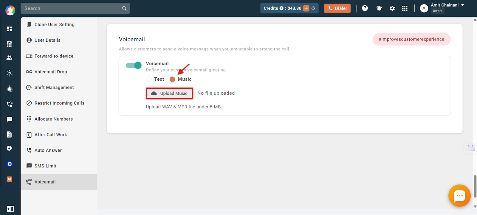 Upload Music option for the user voicemail accepting WAV and MP3 files under 5 MB