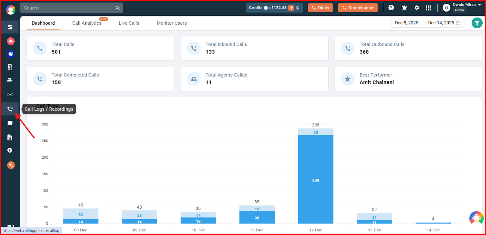 Call Logs / Recordings option in the CallHippo dashboard sidebar