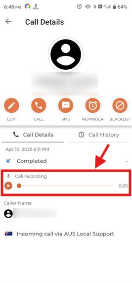 Play icon on the Call Details screen in the CallHippo mobile app