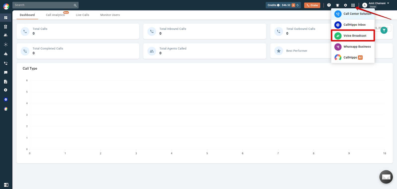 CallHippo dashboard app grid menu with Voice Broadcast option highlighted