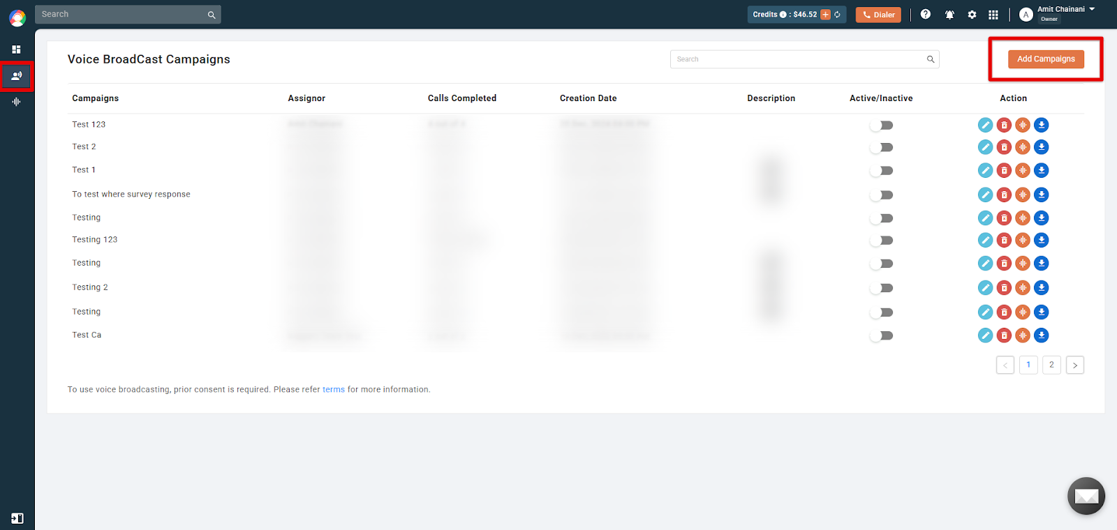 Voice BroadCast Campaigns list page with the Add Campaigns button highlighted