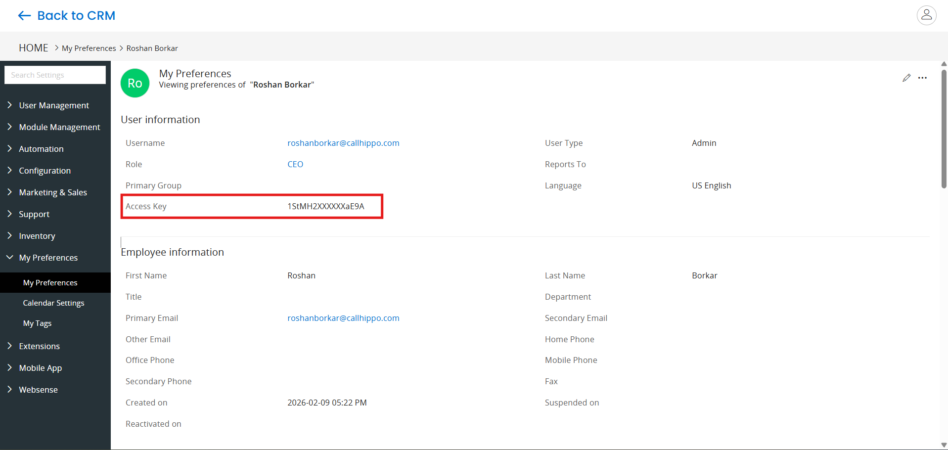 Vtiger My Preferences page showing the Access Key field