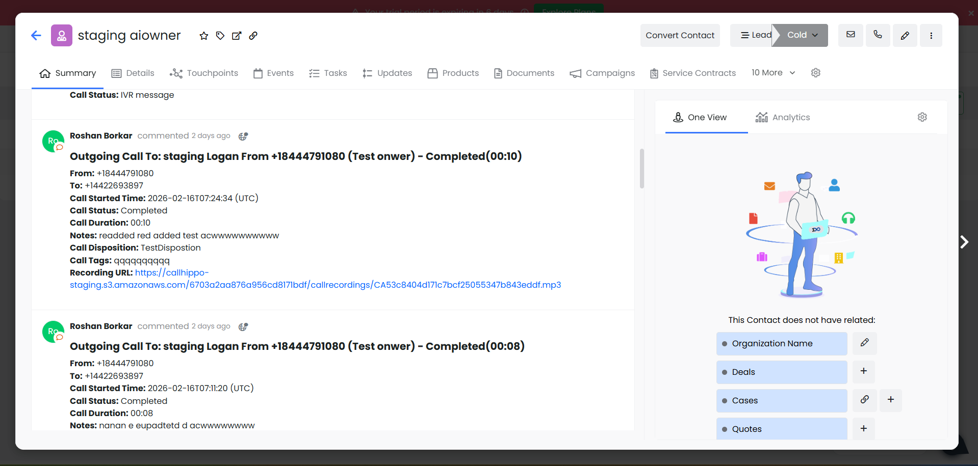 Call activity log synced to a Vtiger contact