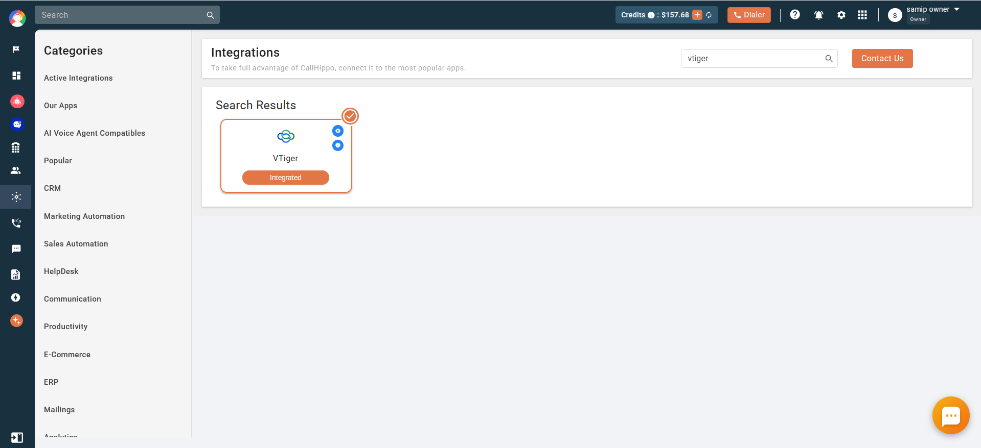 CallHippo showing Vtiger successfully integrated
