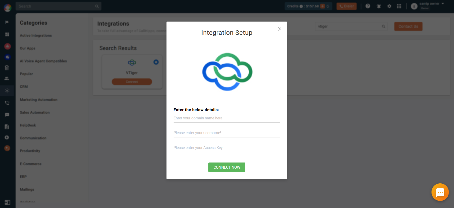 Vtiger integration setup popup with domain, username and Access Key fields