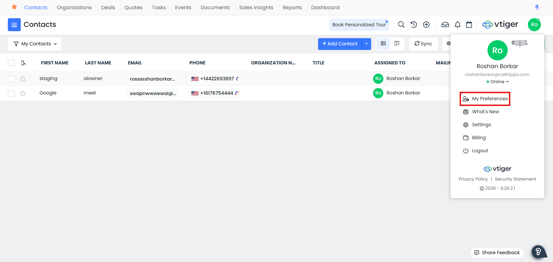 Vtiger user menu with My Preferences highlighted