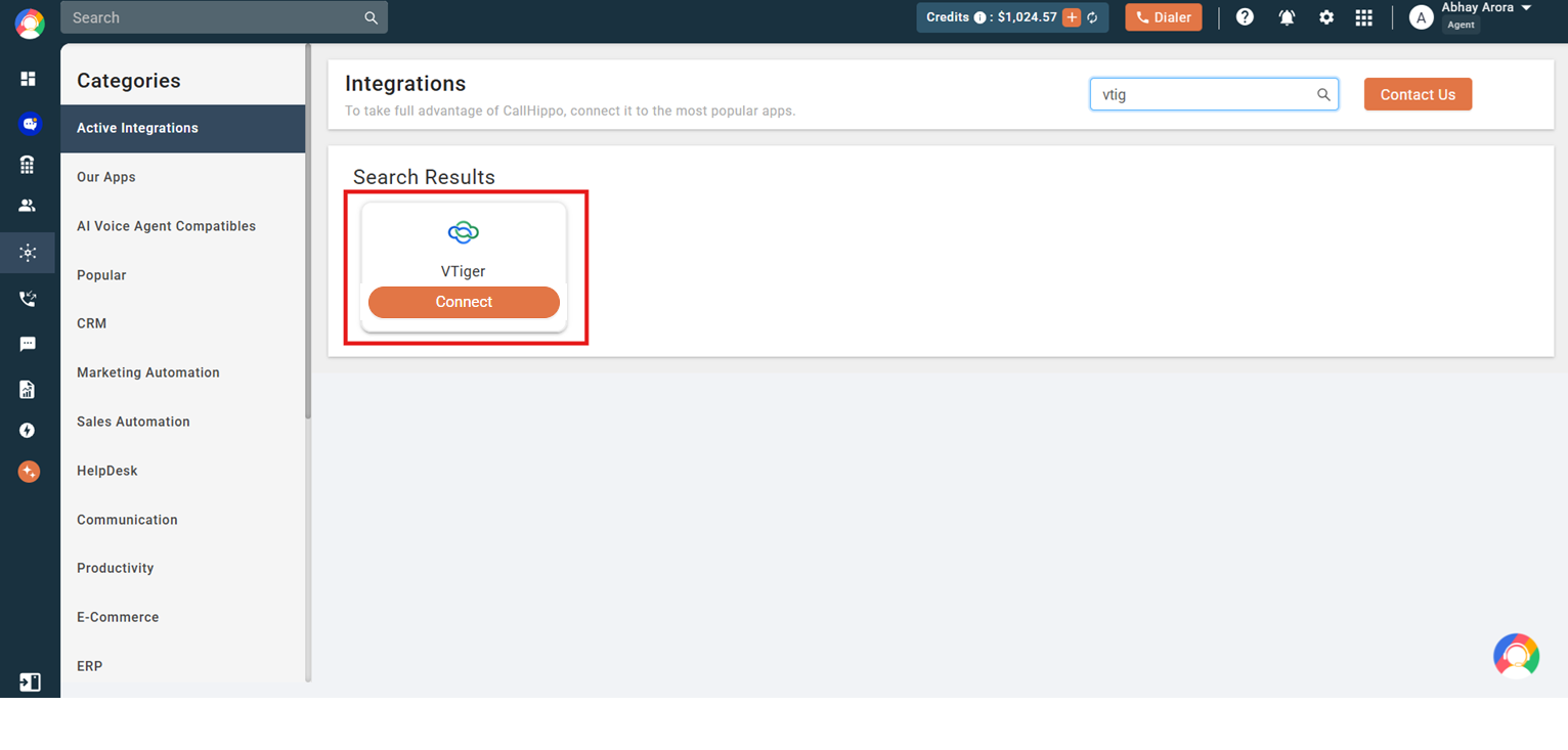 CallHippo Integrations search results showing Vtiger with a Connect button