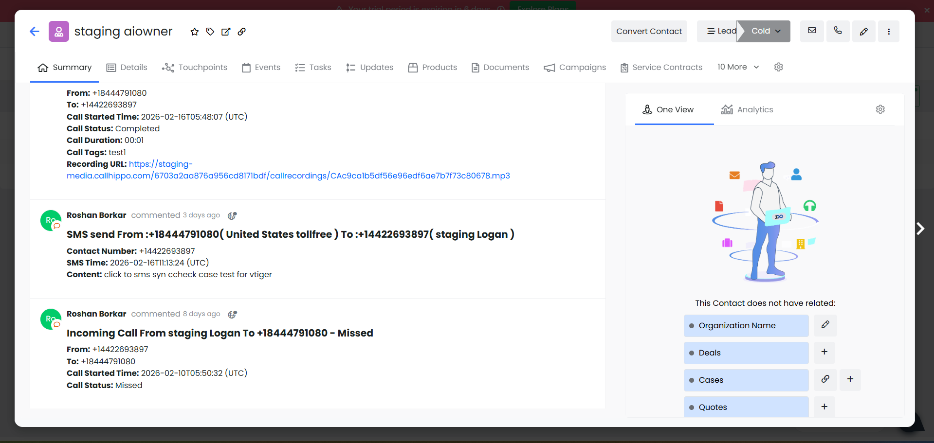 SMS activity log synced to a Vtiger contact