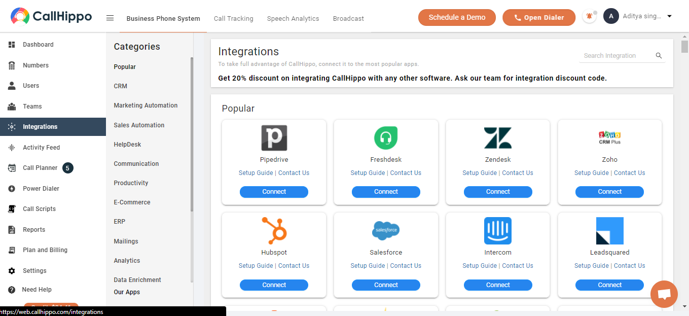 CallHippo dashboard Integrations section showing popular apps like Pipedrive, Freshdesk, Zendesk, Zoho, HubSpot and Salesforce