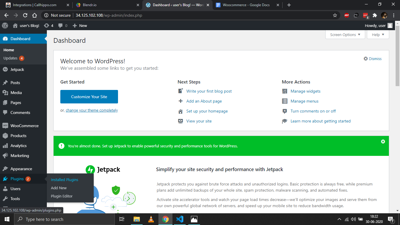 WordPress admin dashboard with Plugins Installed Plugins menu open