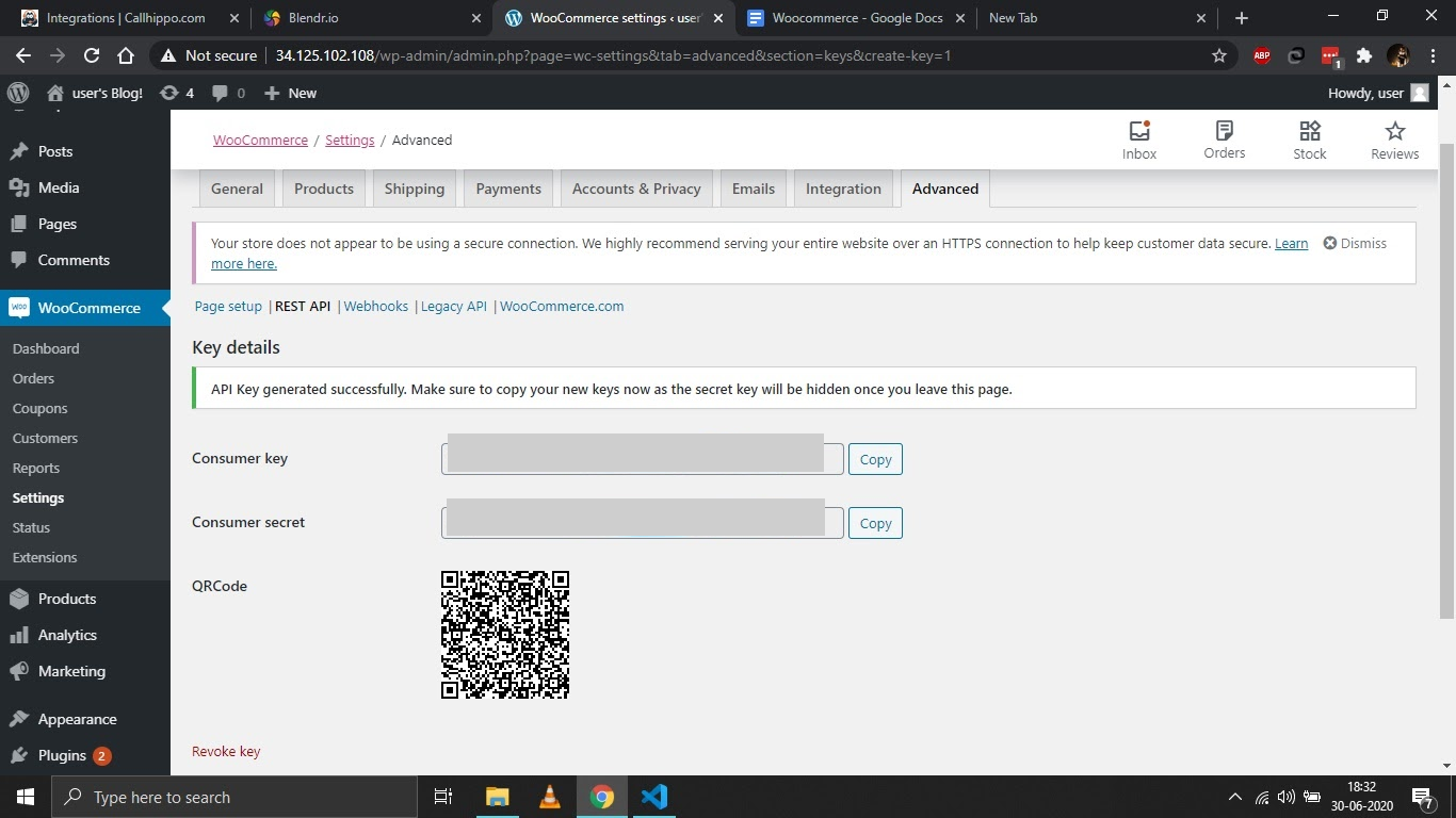 WooCommerce Key details showing Consumer key and Consumer secret