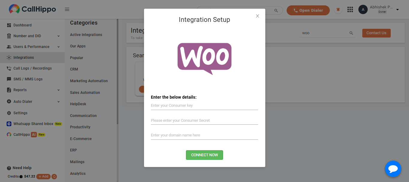 CallHippo WooCommerce setup dialog for Consumer key, Consumer secret and domain