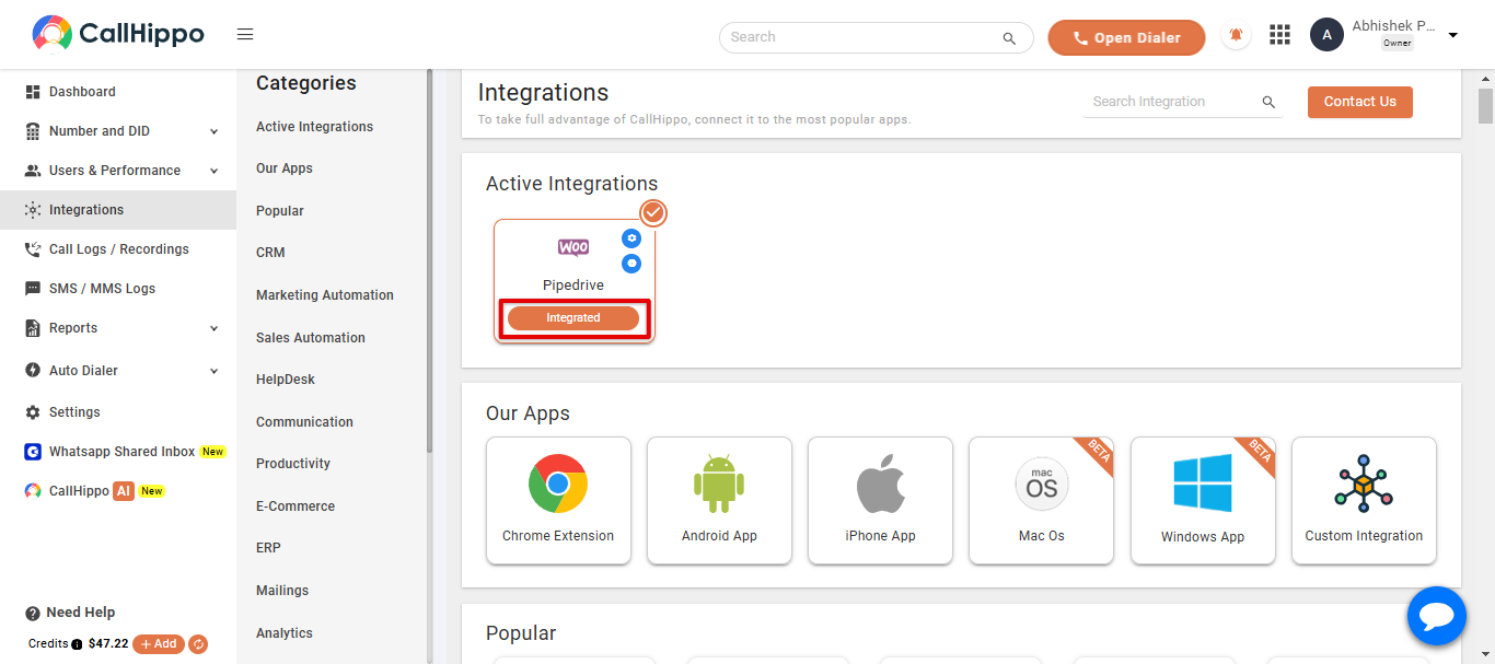 CallHippo Active Integrations showing WooCommerce marked as Integrated