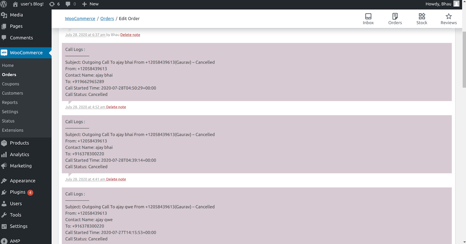 WooCommerce order edit page showing CallHippo call log notes