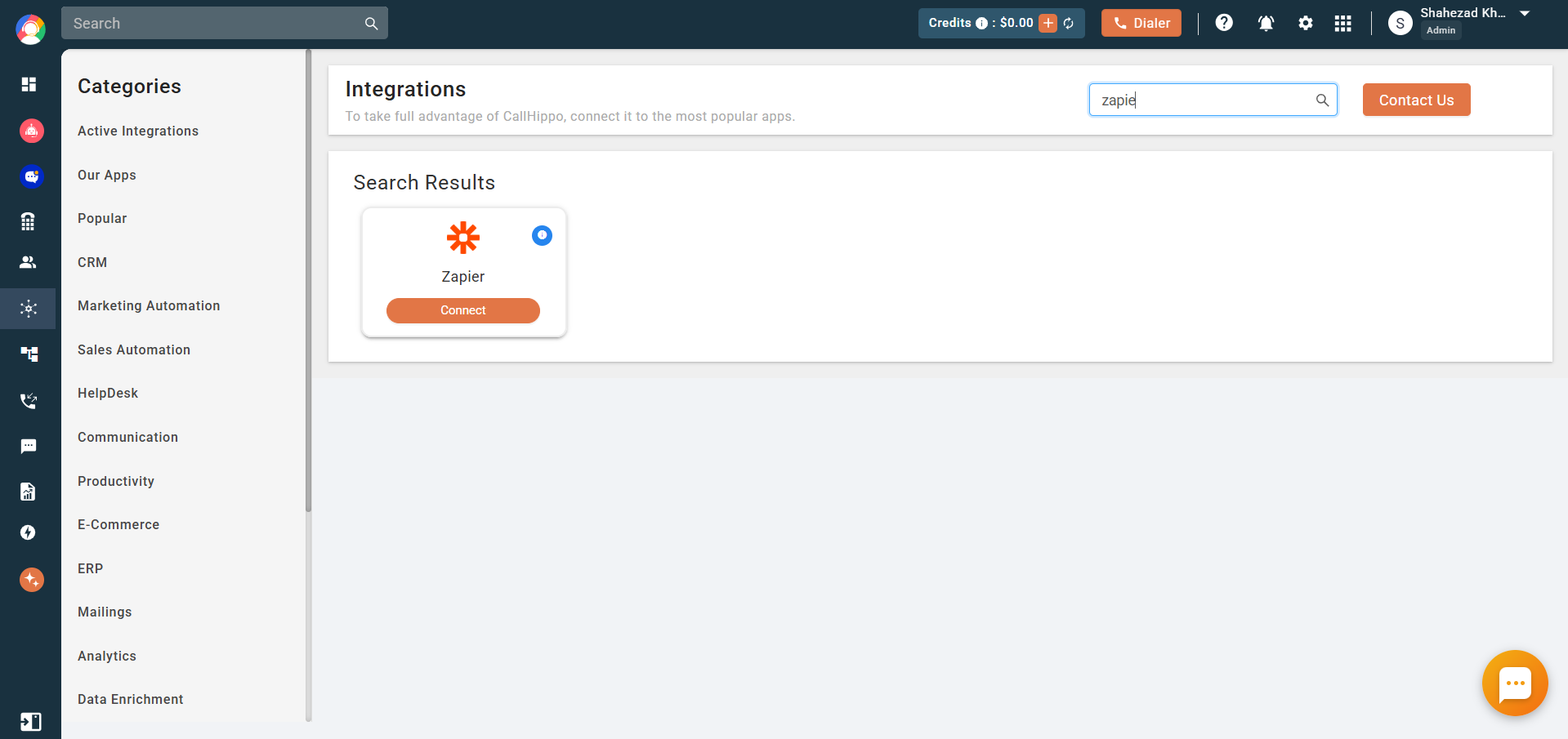Zapier app tile with Connect button under CallHippo Integrations search