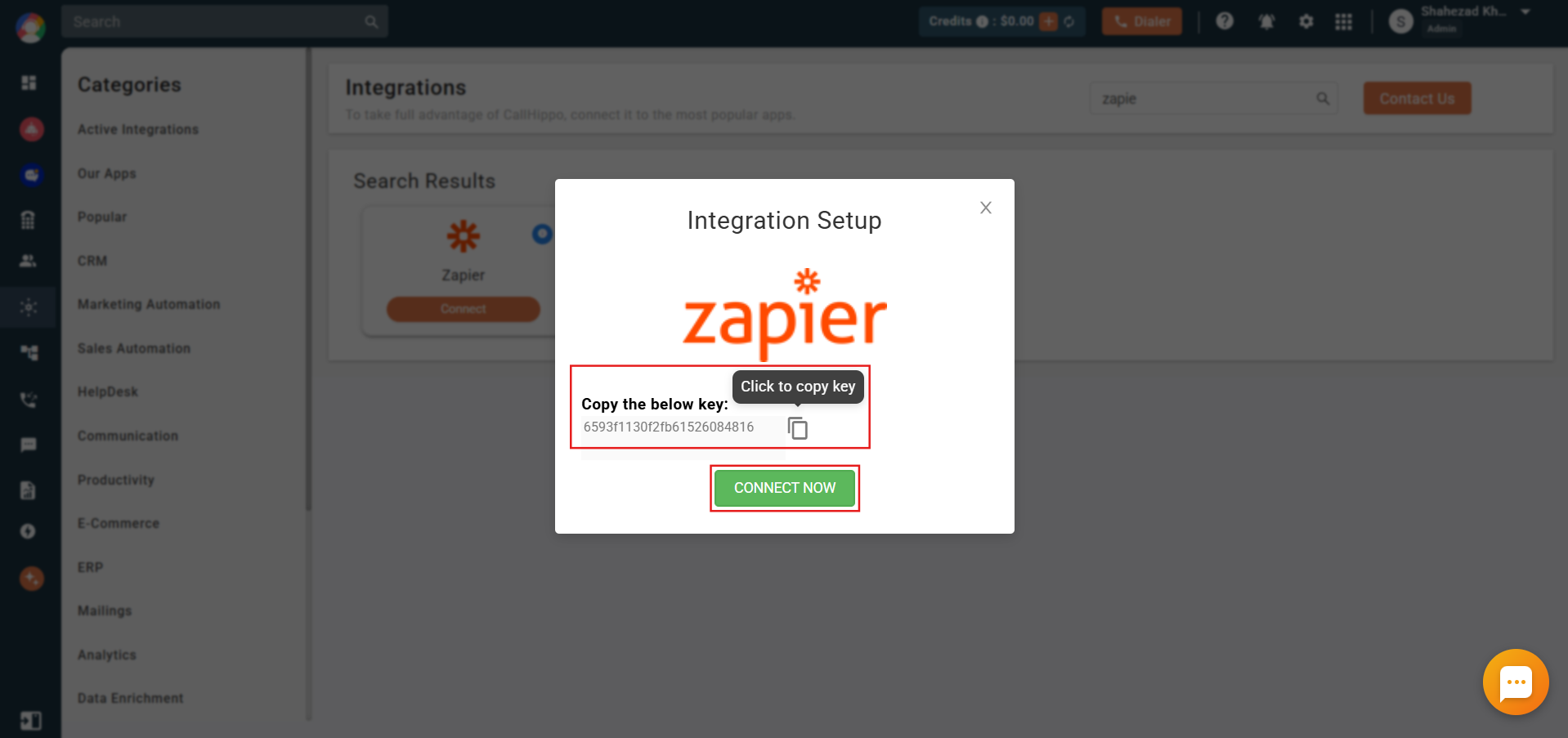 CallHippo Zapier Integration Setup popup showing the key to copy and Connect Now button