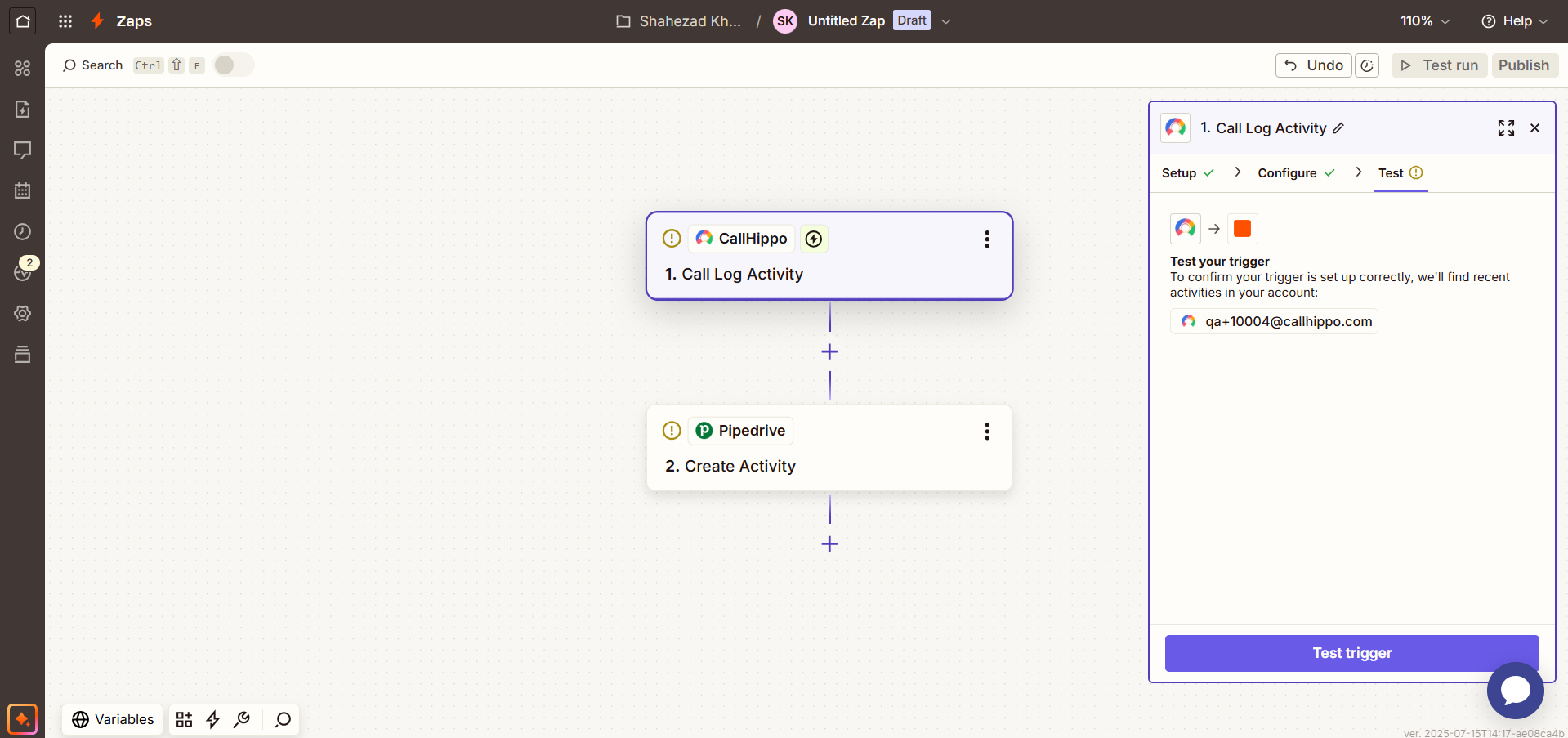 Zapier Test tab showing Test your trigger with CallHippo account and Test trigger button