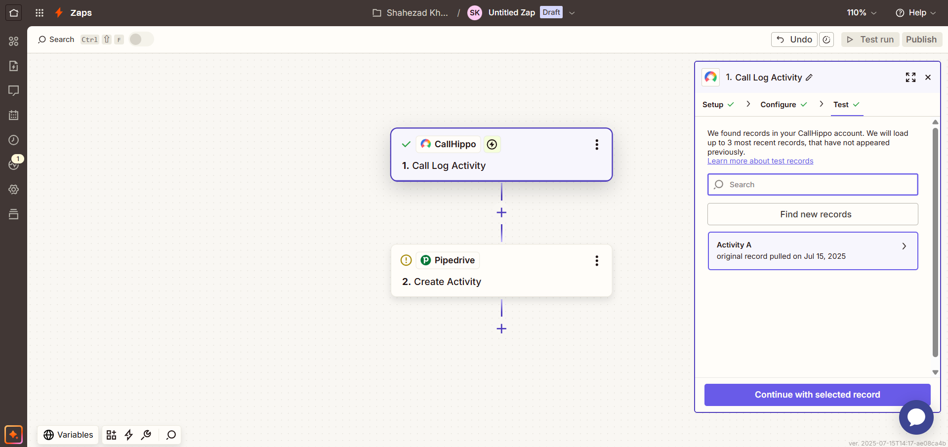 Zapier showing found CallHippo records with Continue with selected record button