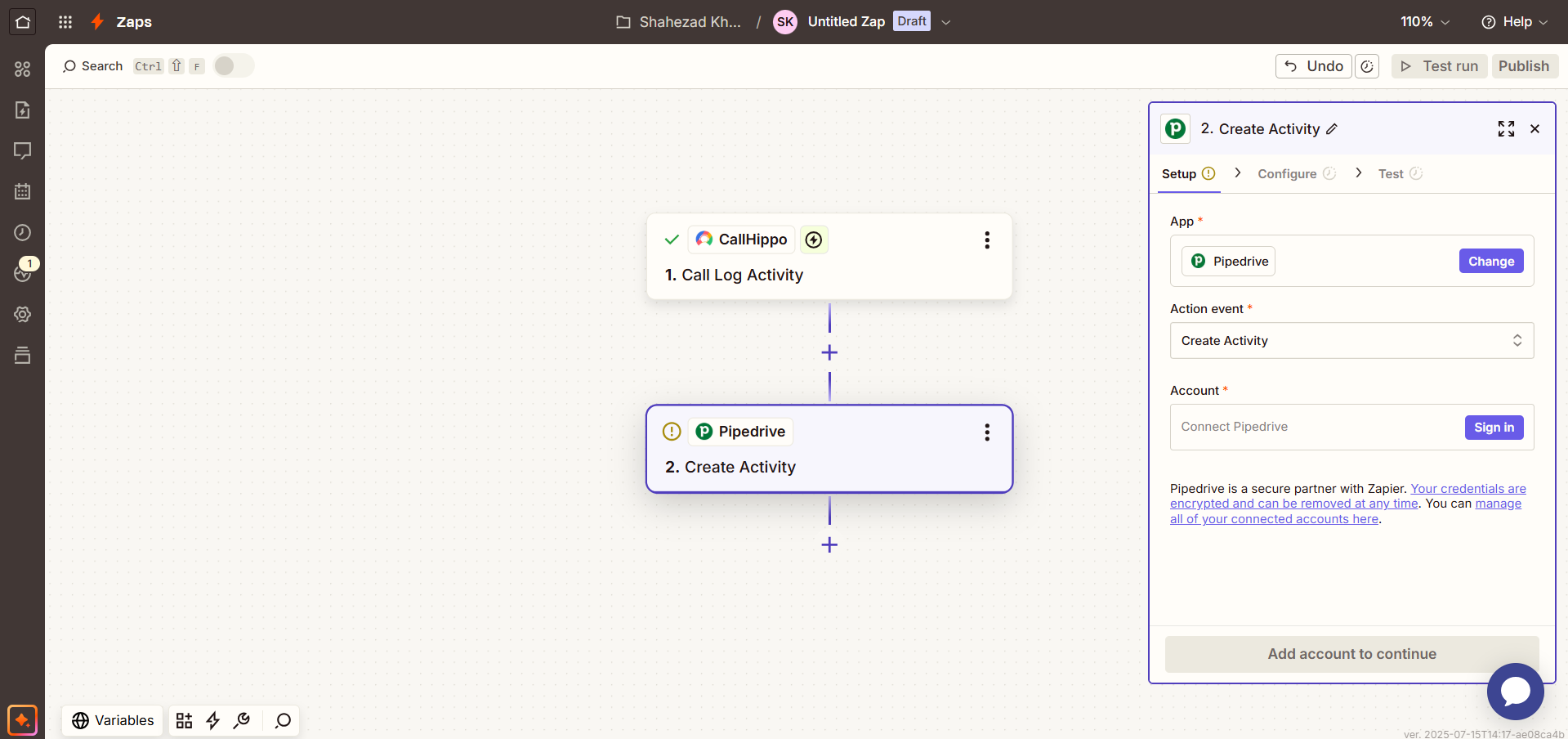 Zapier Create Activity action setup with Pipedrive app and account Sign in panel