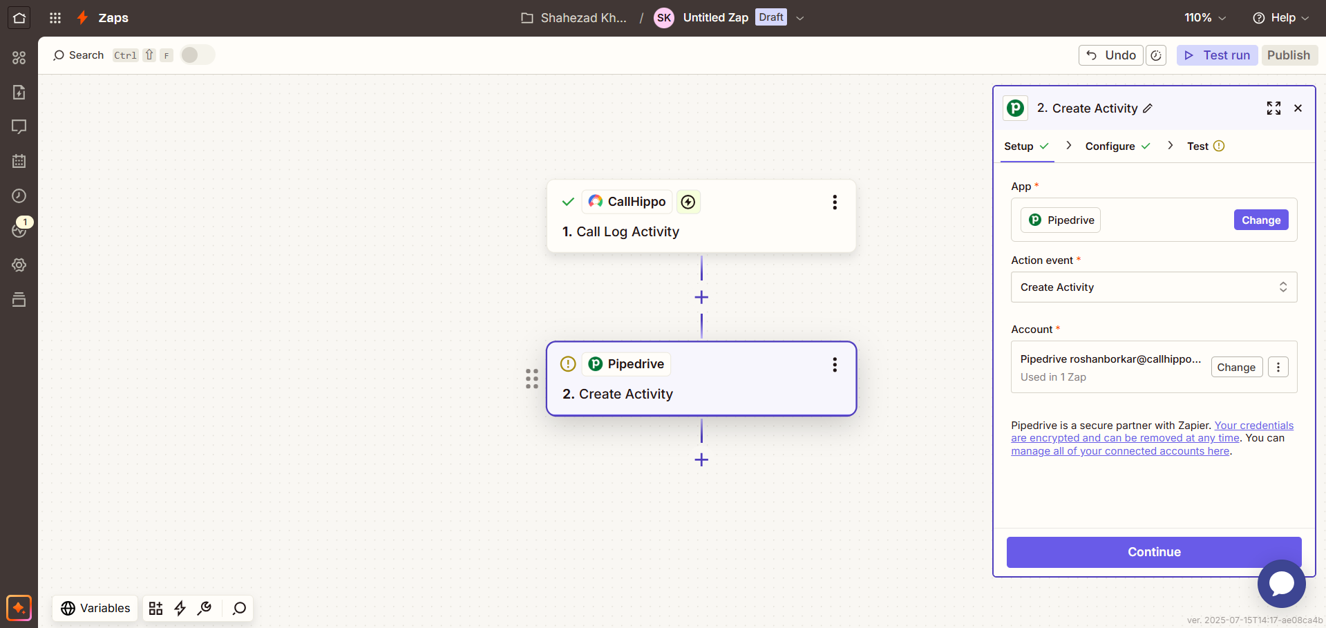 Zapier Create Activity action with Pipedrive account connected and Continue button