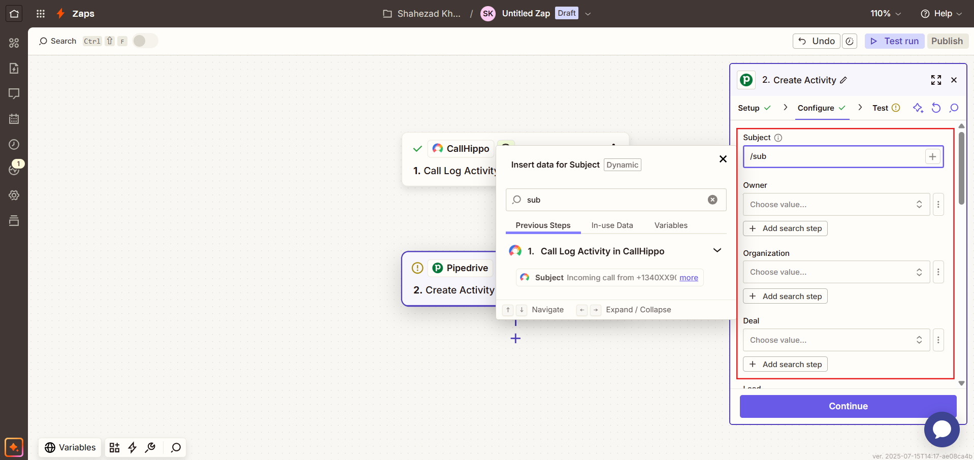 Zapier Configure tab mapping the Subject field with CallHippo call log data for Pipedrive