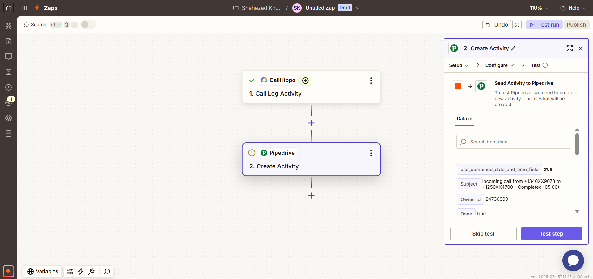 Zapier Test step showing the activity data that will be sent to Pipedrive with Test step button