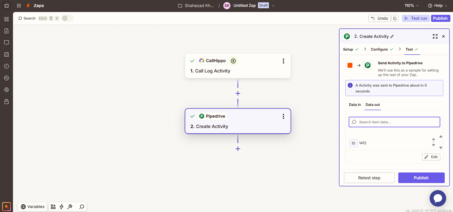 Zapier test success showing activity sent to Pipedrive and the Publish button