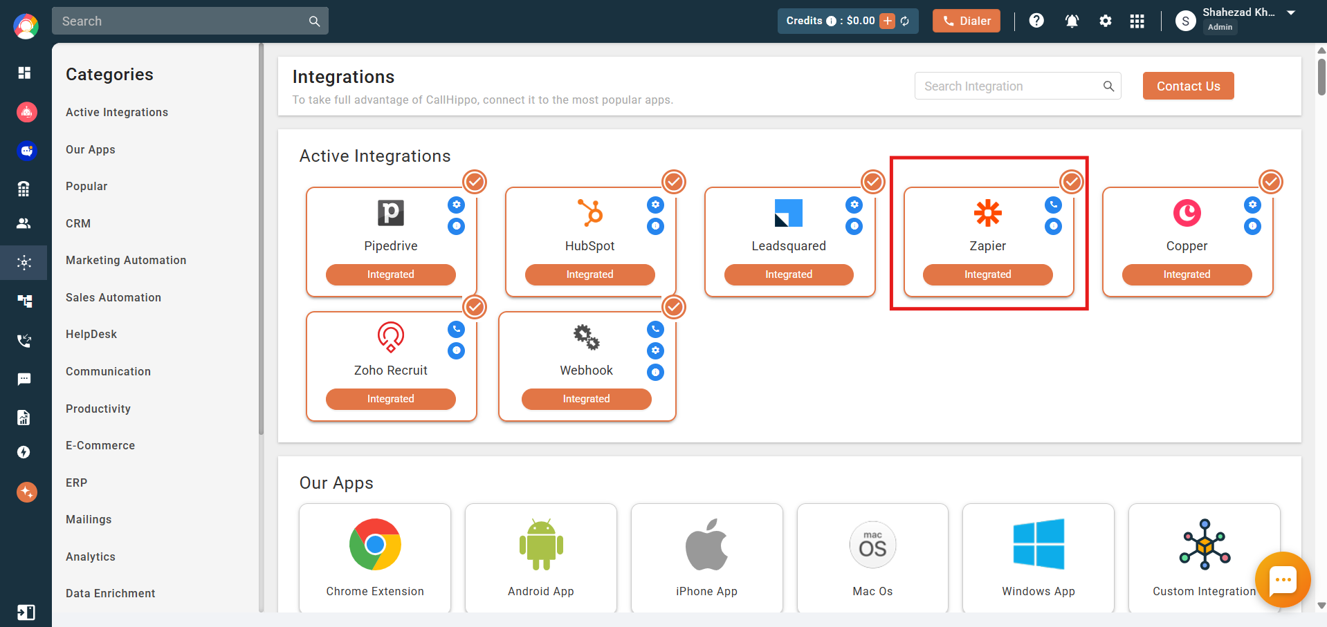CallHippo Active Integrations page showing Zapier with Integrated status
