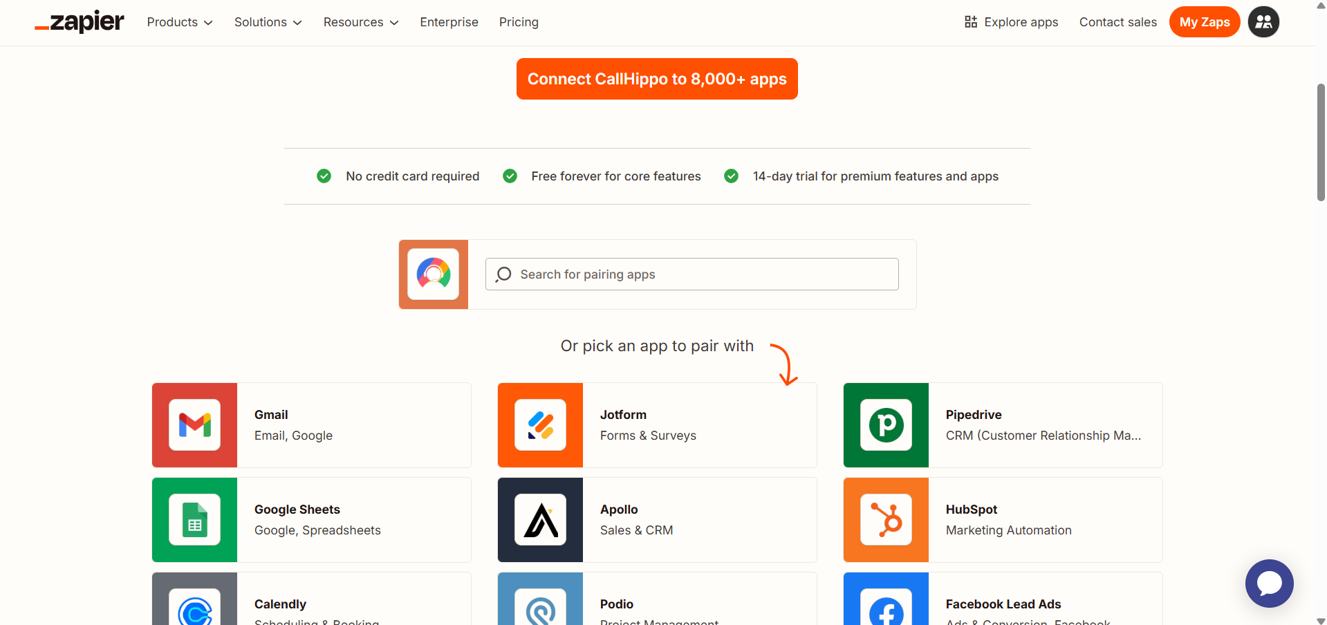 Zapier marketplace showing Connect CallHippo to 8000+ apps and app tiles to pair with