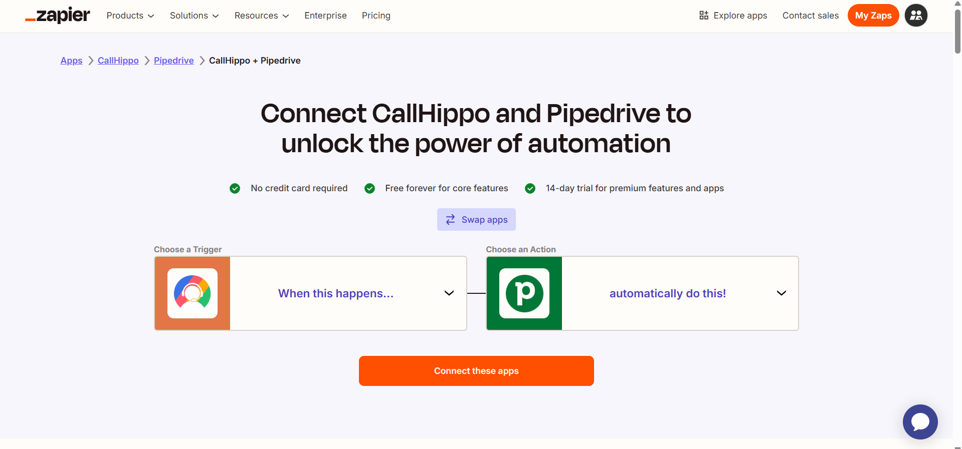 Zapier page to connect CallHippo and Pipedrive with Choose a Trigger and Choose an Action