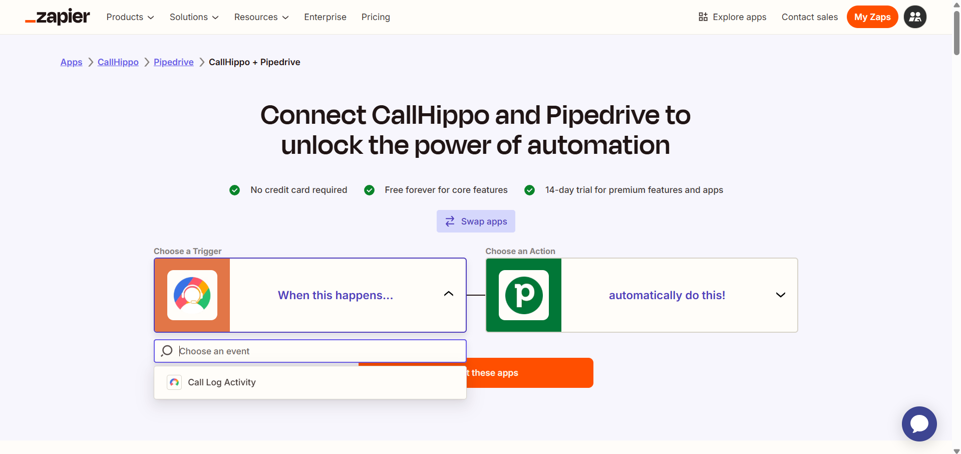 Zapier trigger dropdown showing CallHippo Call Log Activity event option