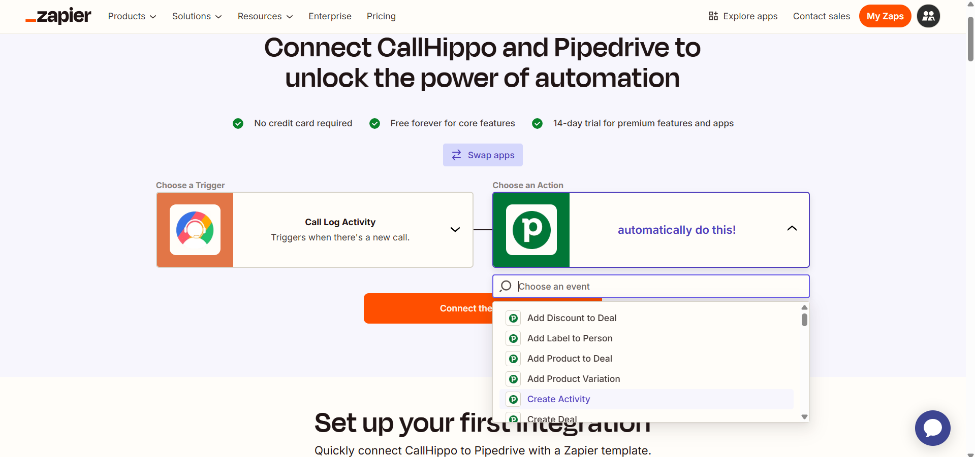 Zapier action dropdown listing Pipedrive events with Create Activity highlighted