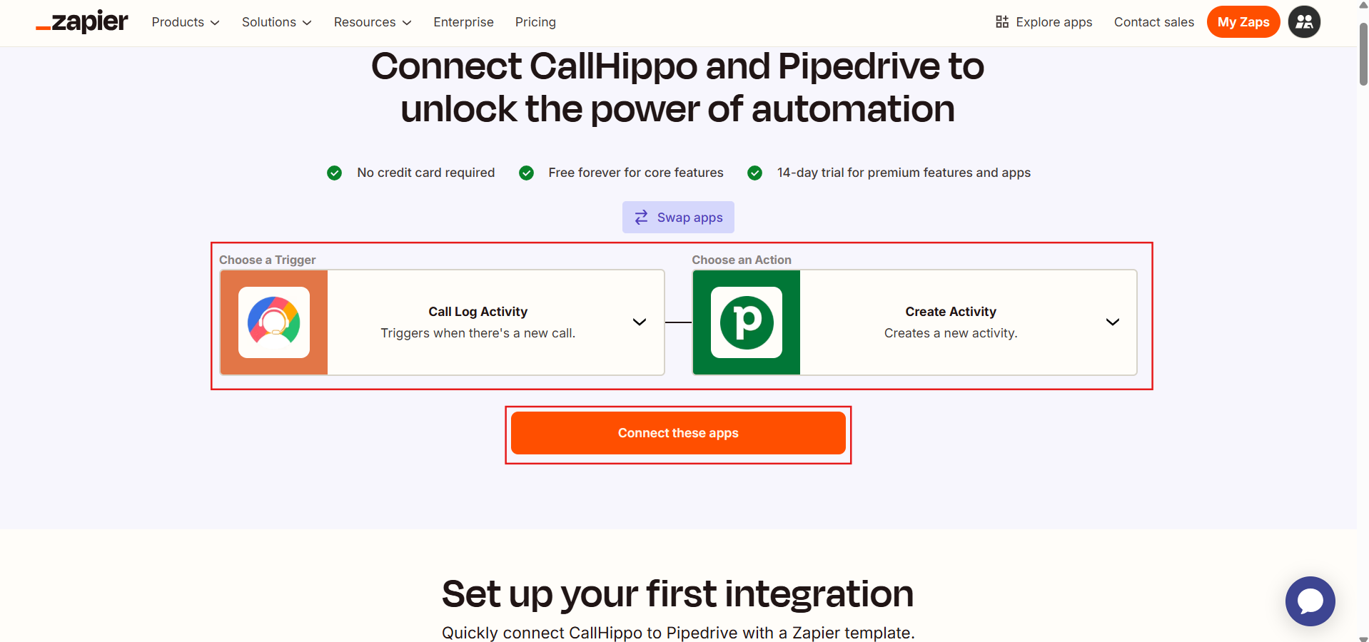 Zapier showing Call Log Activity trigger and Create Activity action with Connect these apps button