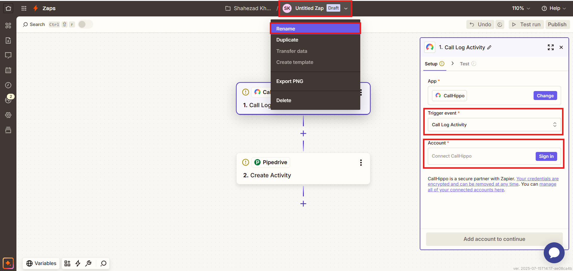 Zapier Zap editor with Rename menu open and CallHippo trigger account sign in panel