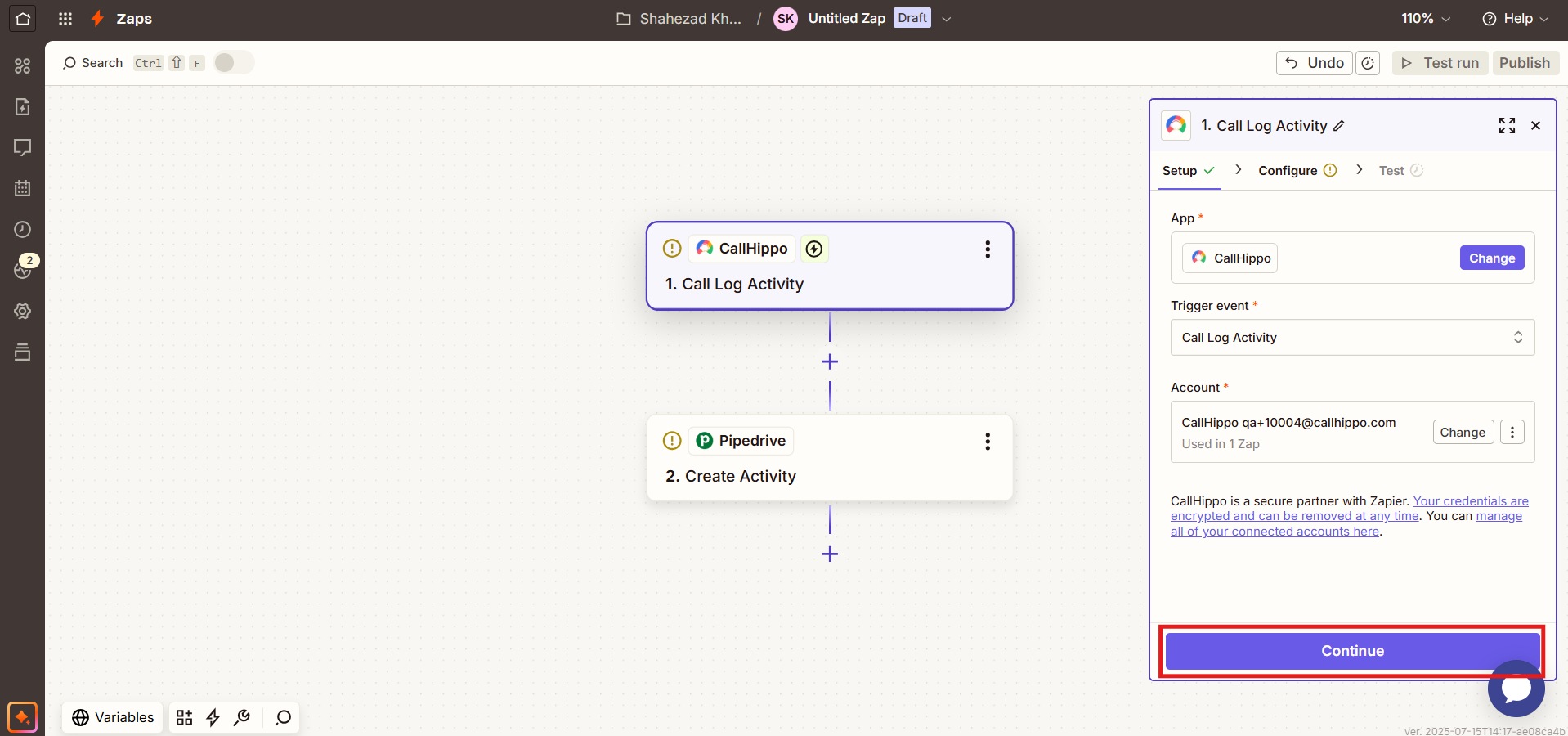 Zapier setup with CallHippo account connected, Call Log Activity trigger and Continue button