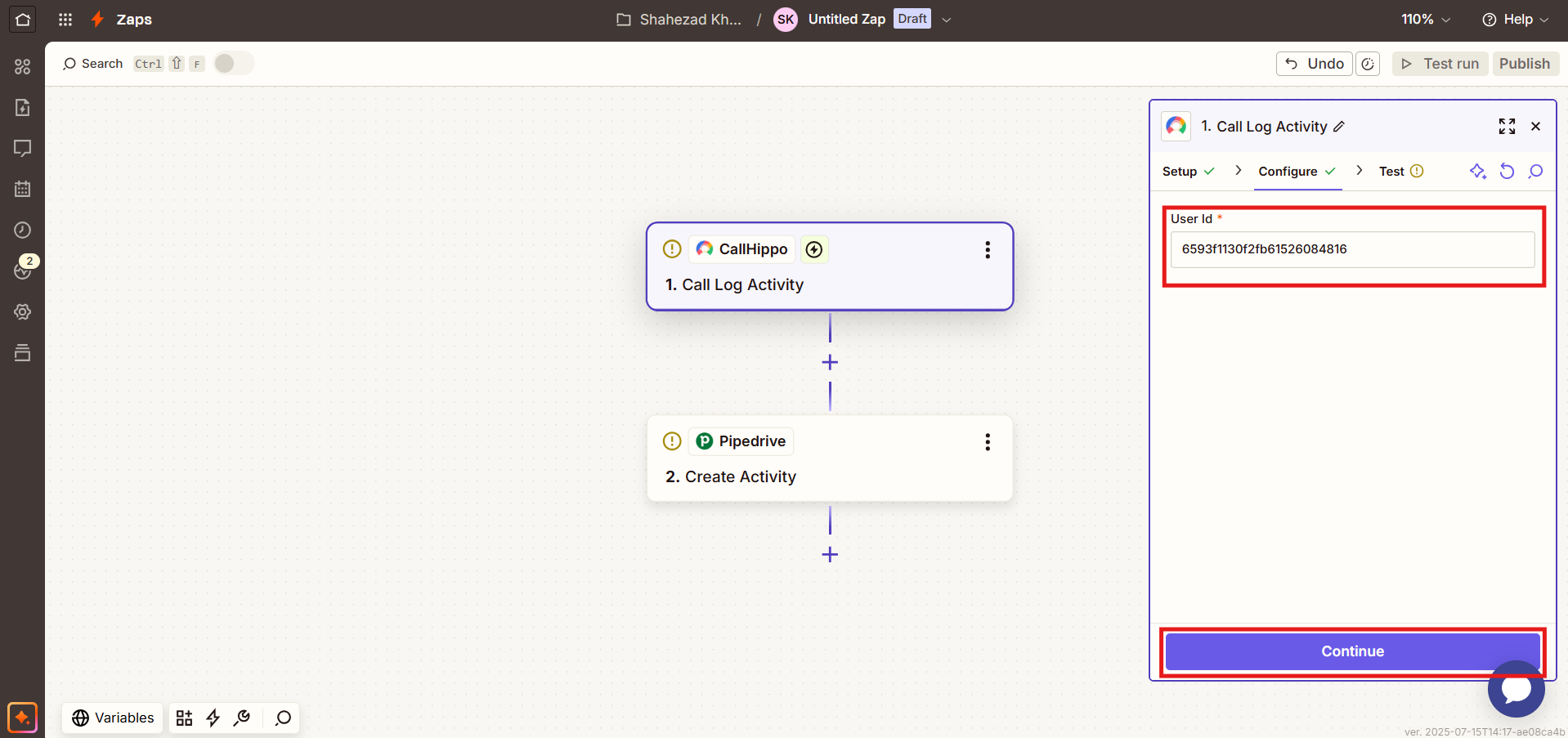 Zapier Configure tab with CallHippo User Id field filled in and Continue button