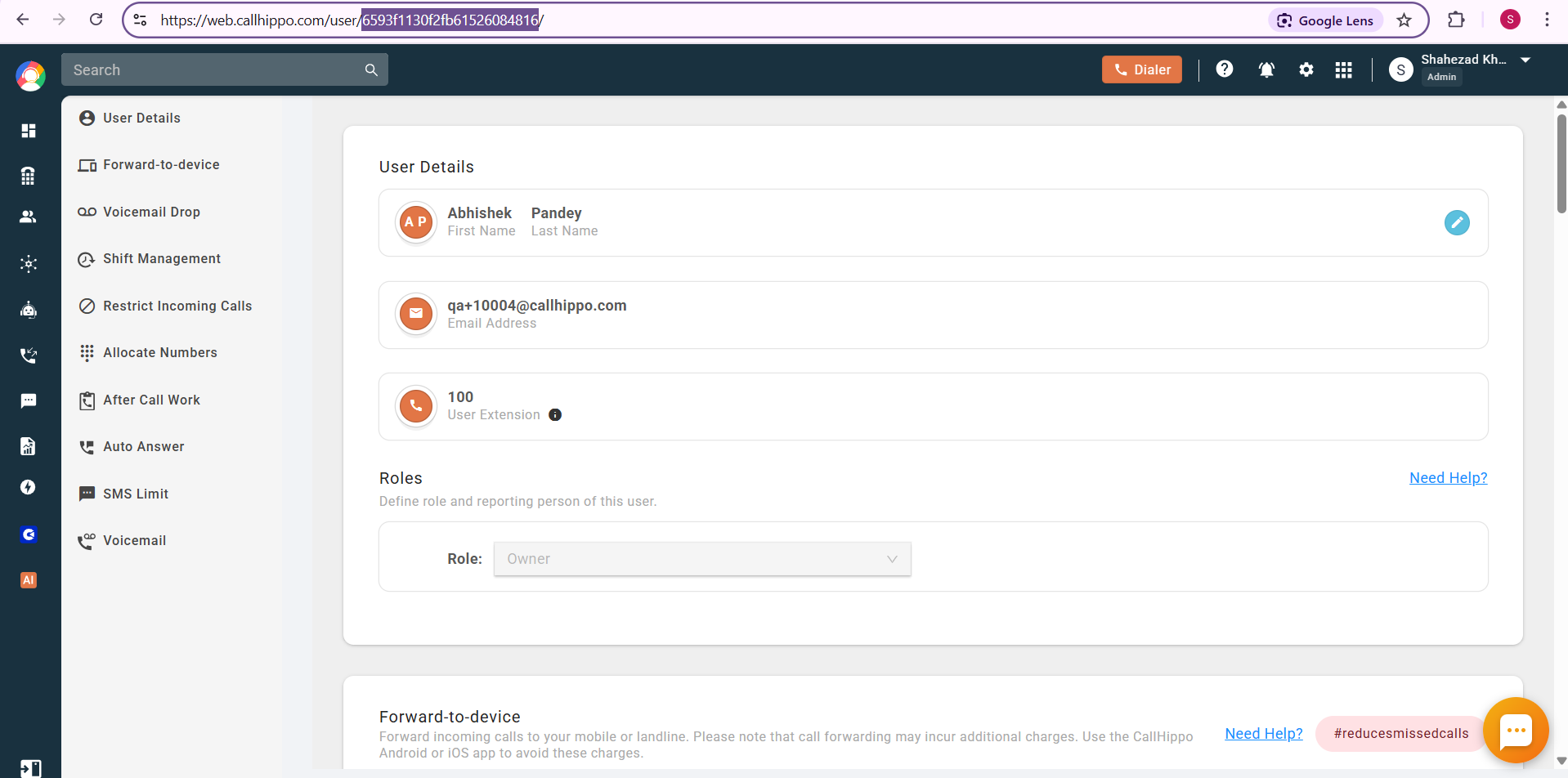 CallHippo User Details page with the User ID highlighted in the browser address bar