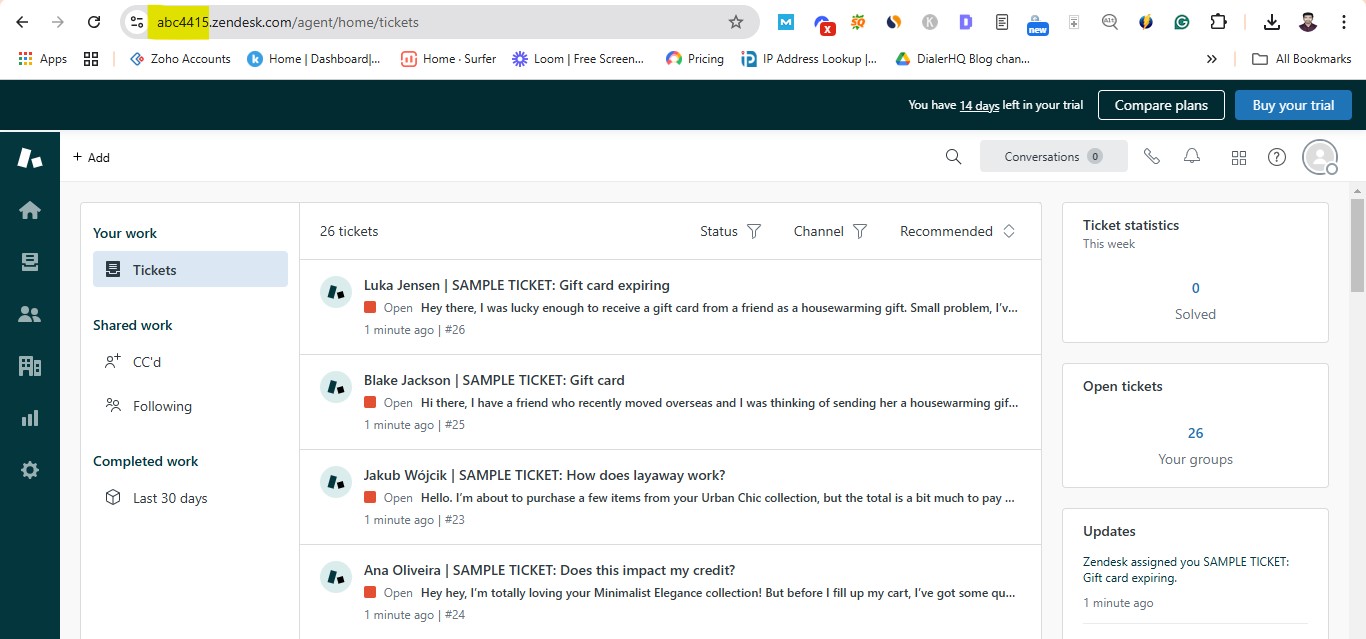 Zendesk agent tickets dashboard with the account subdomain highlighted in the browser address bar