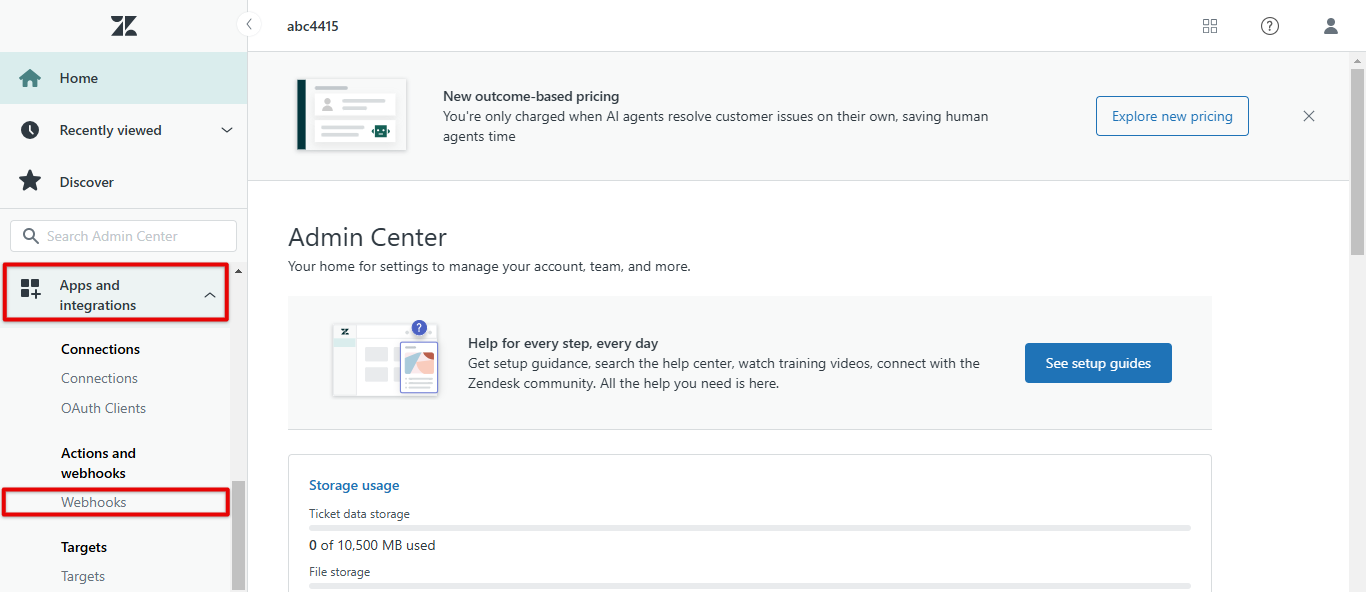 Zendesk Admin Center with Apps and integrations expanded and Webhooks highlighted