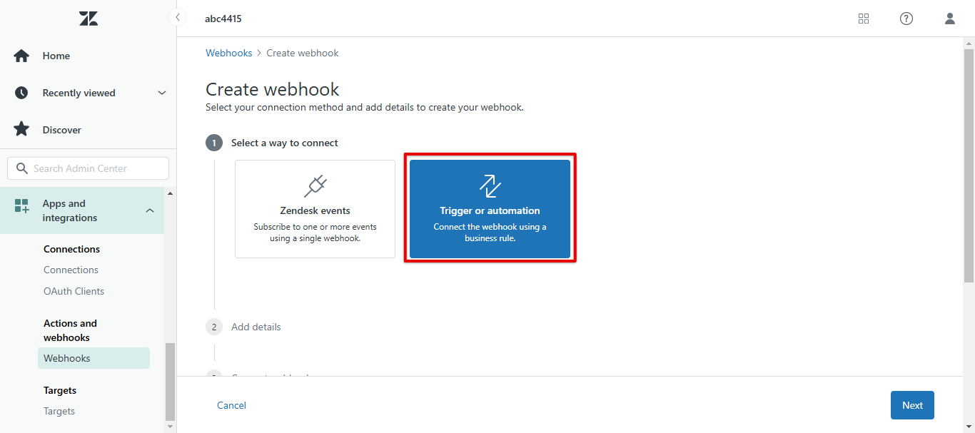 Zendesk Create webhook step with Trigger or automation connection method selected