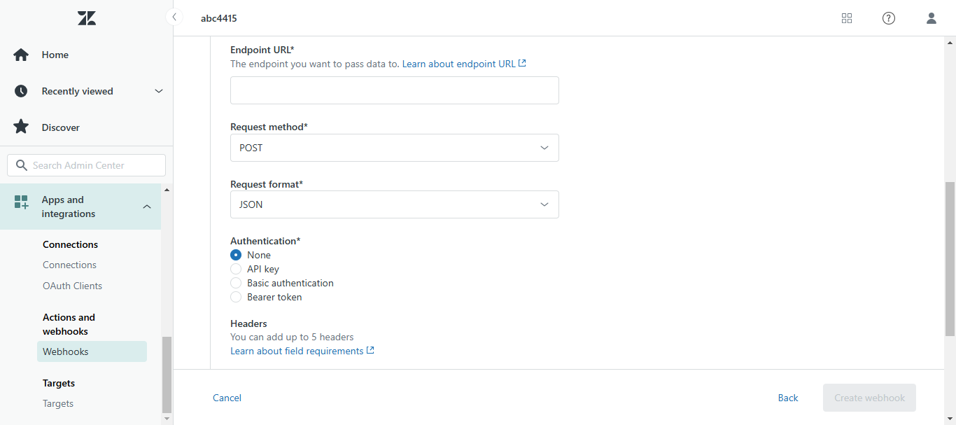 Zendesk webhook form showing Endpoint URL, Request method POST, Request format JSON and Authentication None