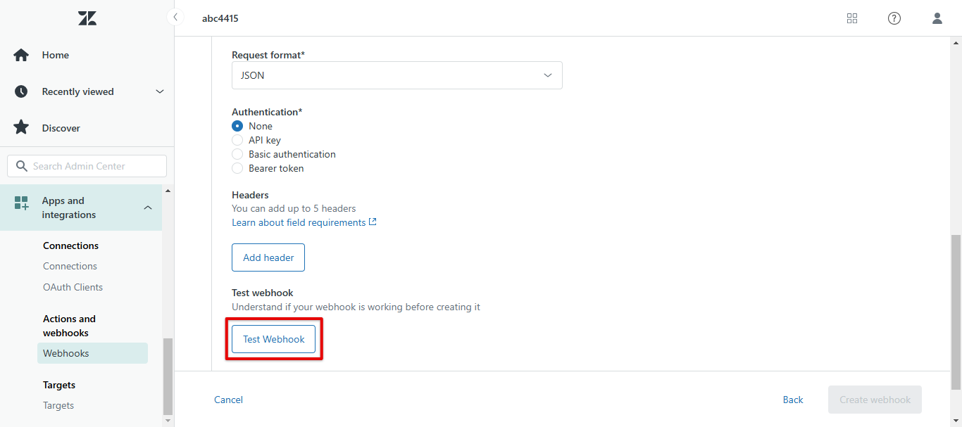 Zendesk webhook form with the Test Webhook button highlighted