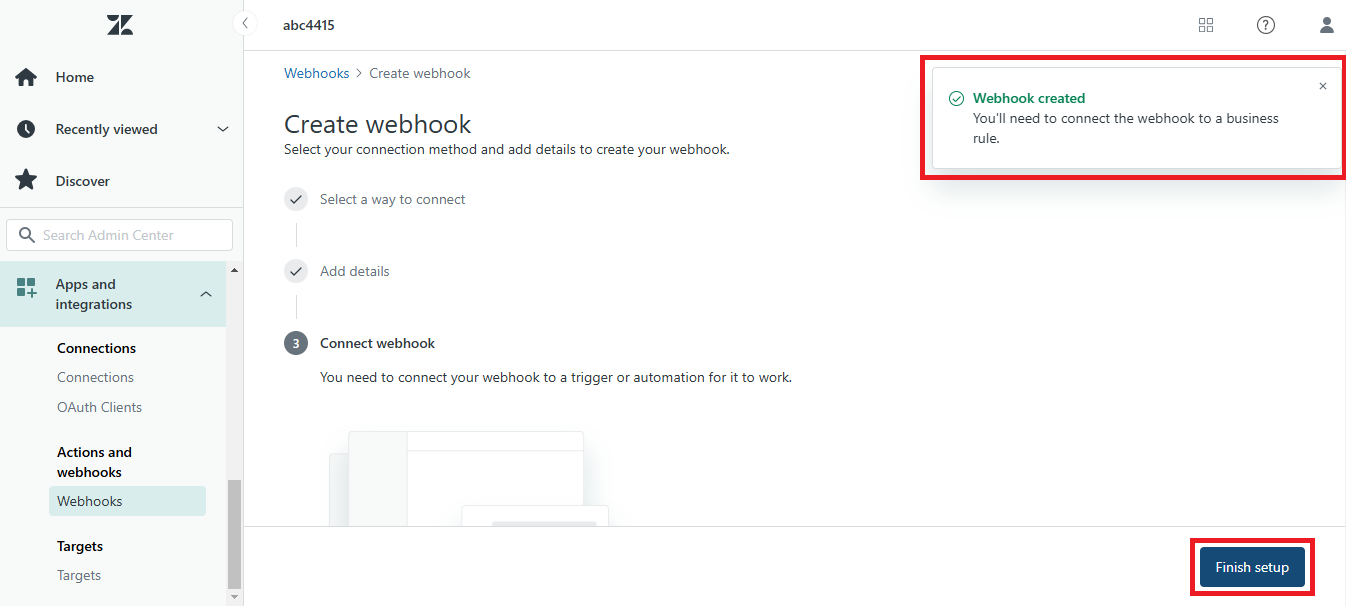 Zendesk confirmation that the webhook was created with the Finish setup button highlighted