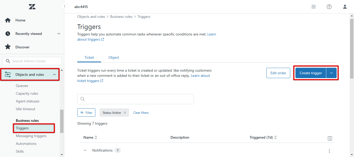 Zendesk Objects and rules Triggers page with the Create trigger button highlighted