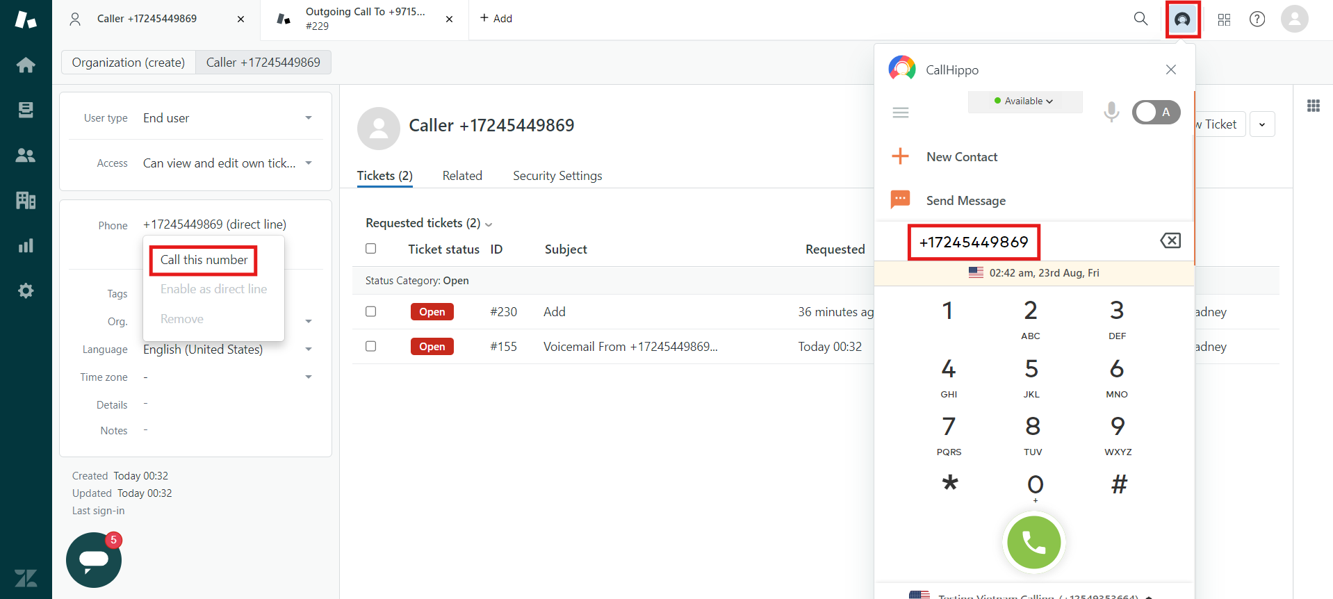 CallHippo dialer opened inside Zendesk making an outbound call to a contact number