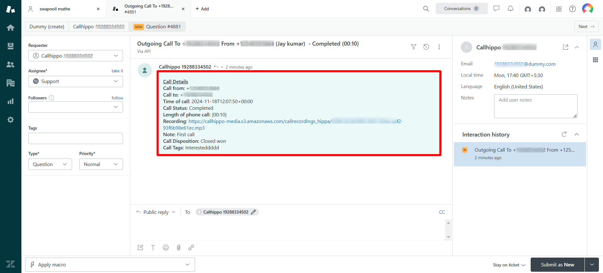 Zendesk ticket showing CallHippo call details including recording, disposition and tags from After Call Work