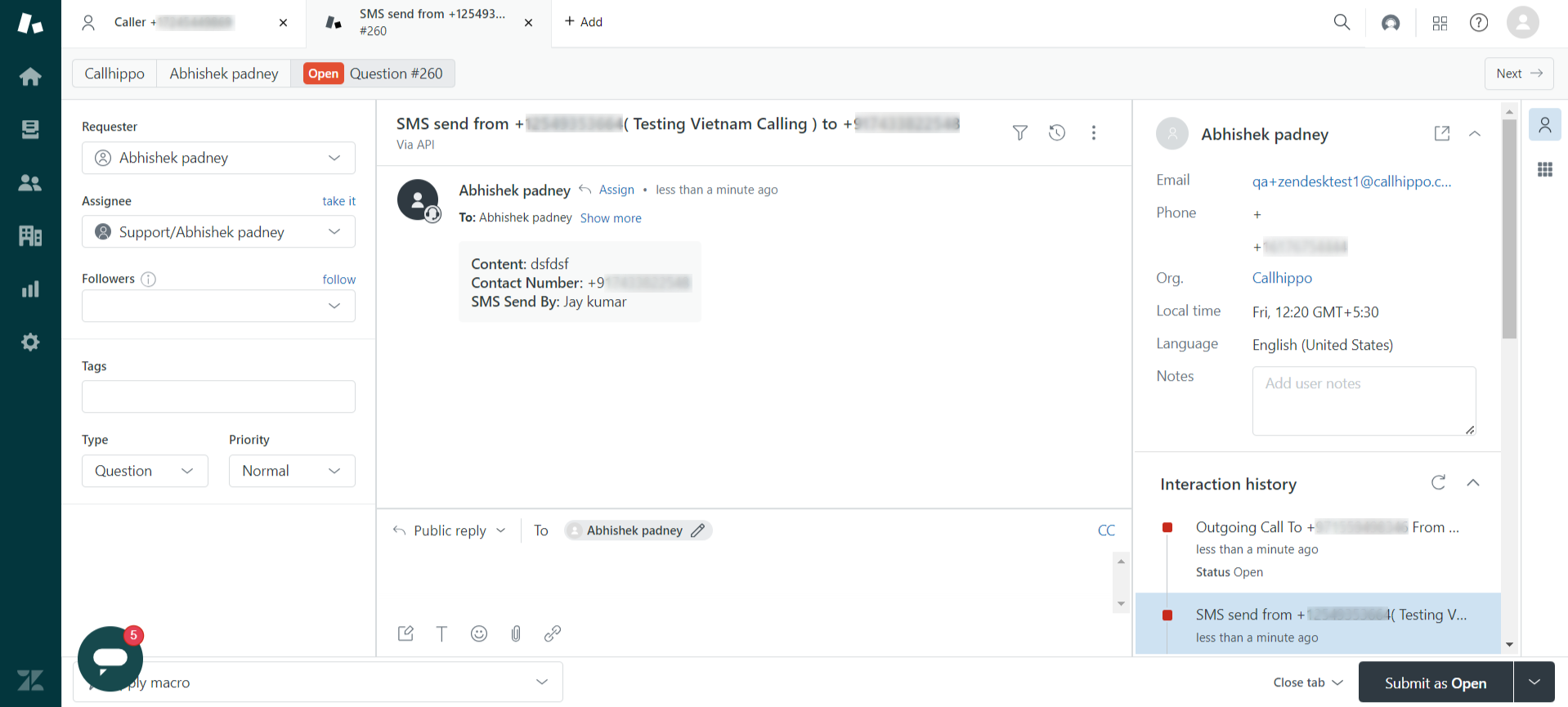 Zendesk ticket showing a CallHippo SMS log with content and contact number