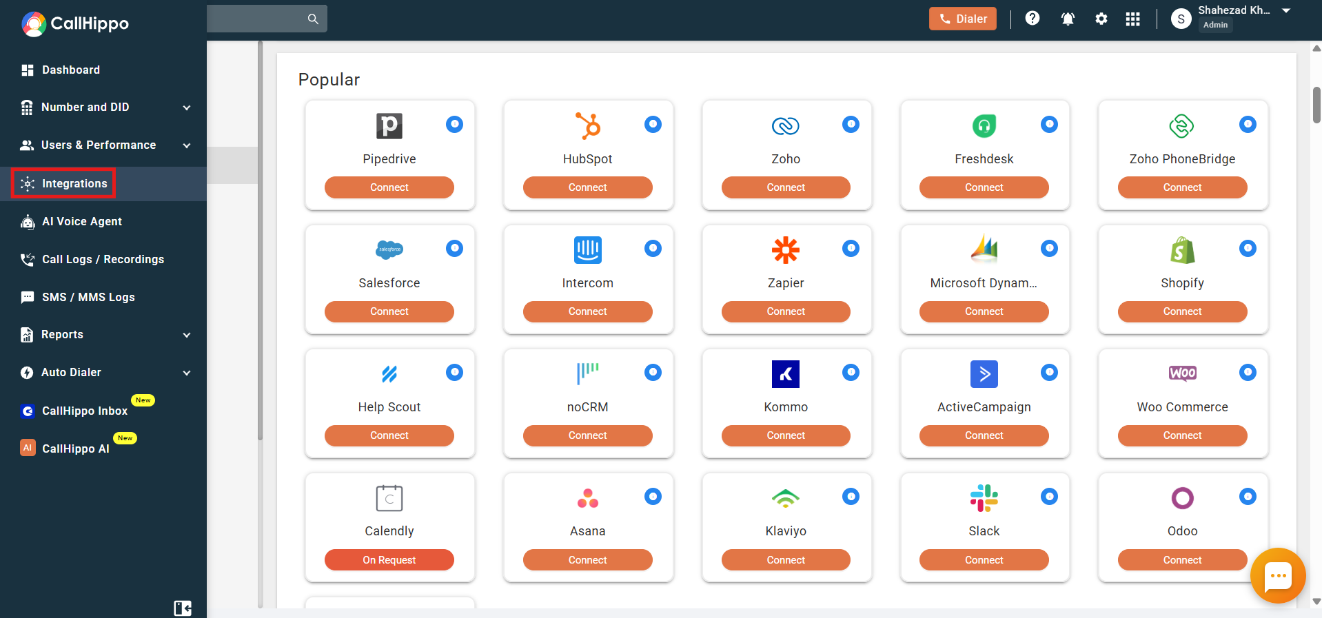 CallHippo dashboard with the Integrations option highlighted in the left sidebar