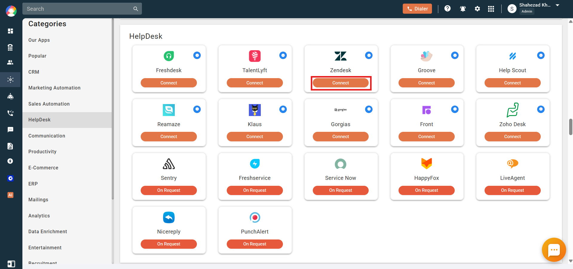 CallHippo HelpDesk integrations with the Connect button on the Zendesk card highlighted